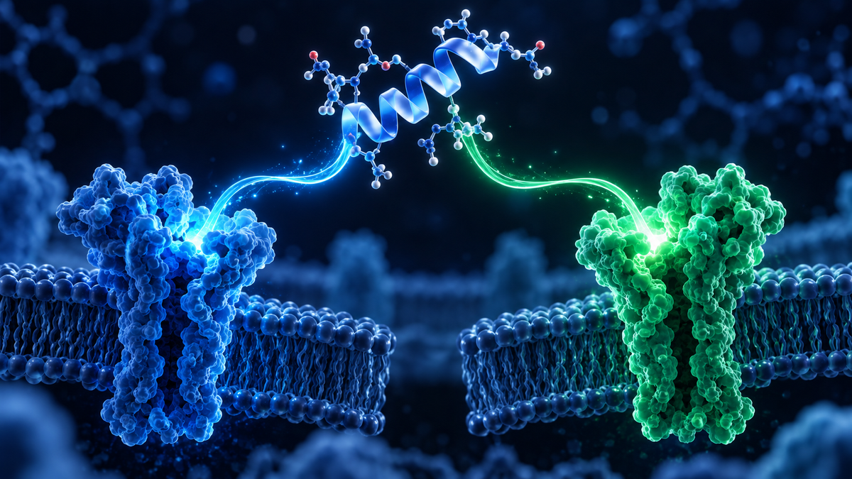 Engineered peptide connecting to two membrane receptors representing tirzepatide dual GIP and GLP-1 receptor pharmacology